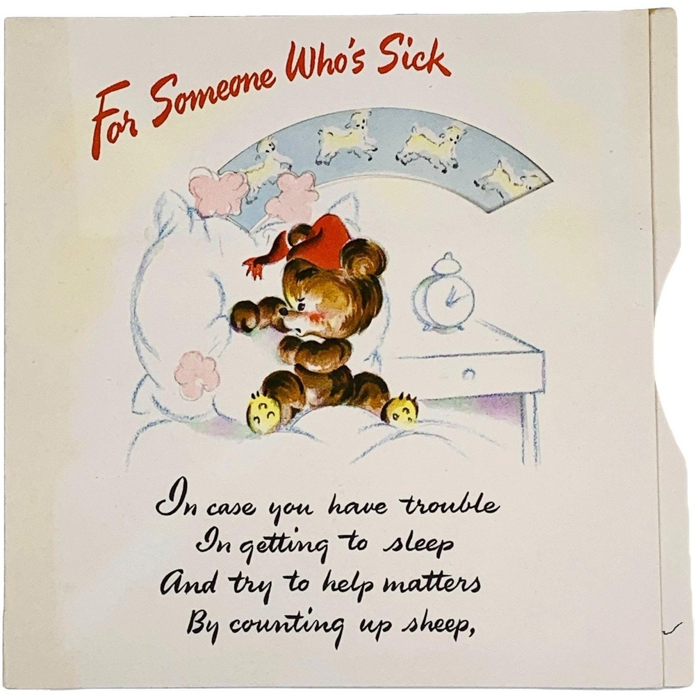 1946‎ Hallmark Get Well Card For Someone Who's Sick Counting Sheep Bear Rainbow
